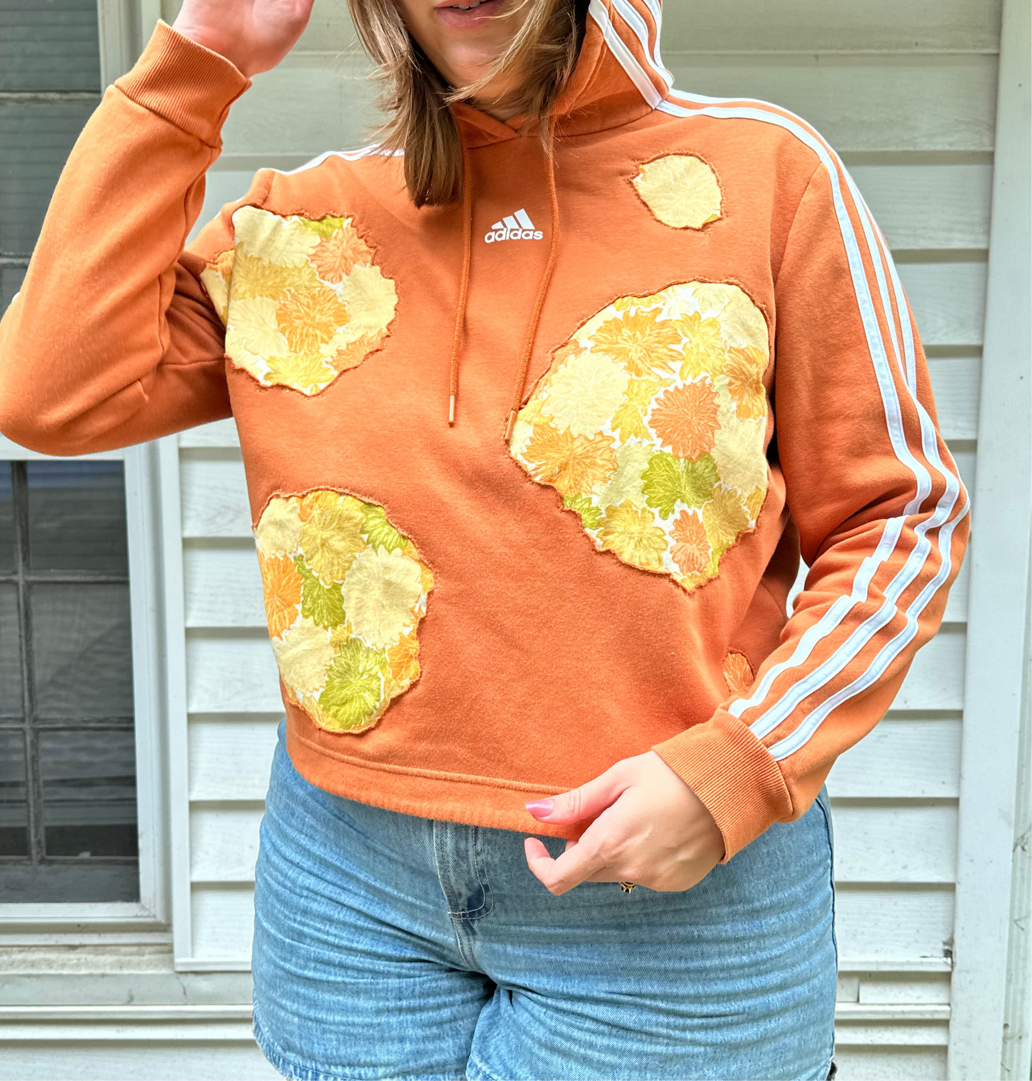 Adidas Orange Flower Patches Cropped Reworked Hoodie