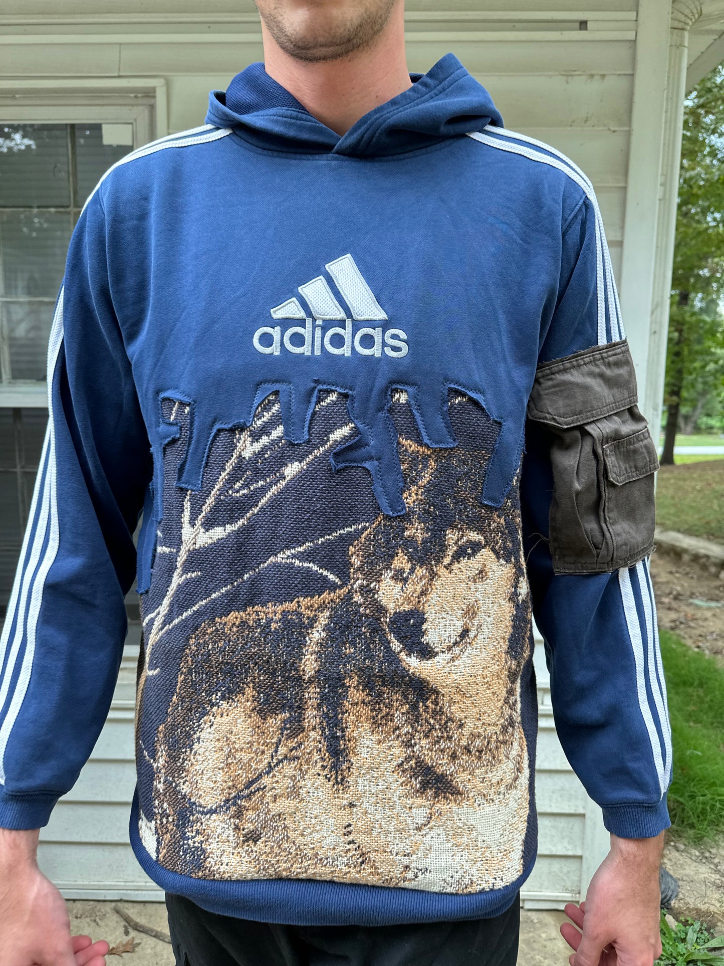 1 of 1 Handmade Adidas Navy Blue Howling Wolves Reworked Hoodie