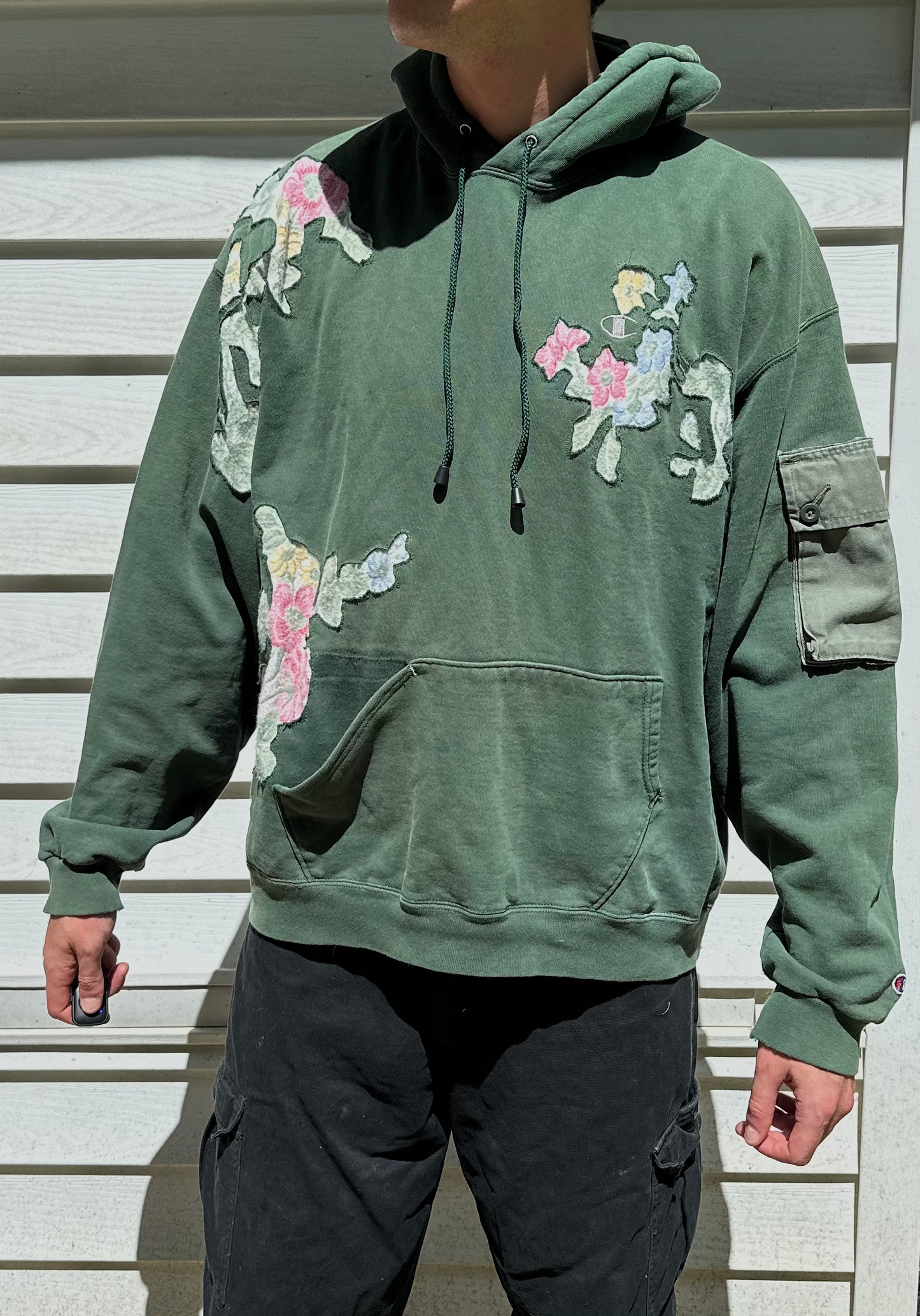 1 of 1 Handmade Champion Green Distressed Floral Hoodie