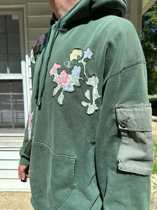1 of 1 Handmade Champion Green Distressed Floral Hoodie