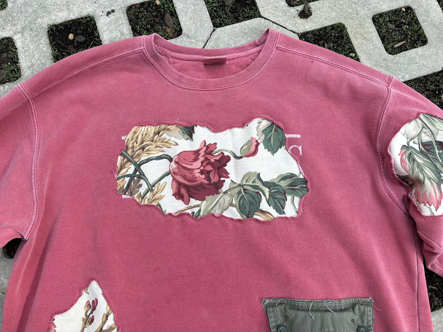 1 of 1 Handmade Faded Red Vintage Floral Crewneck