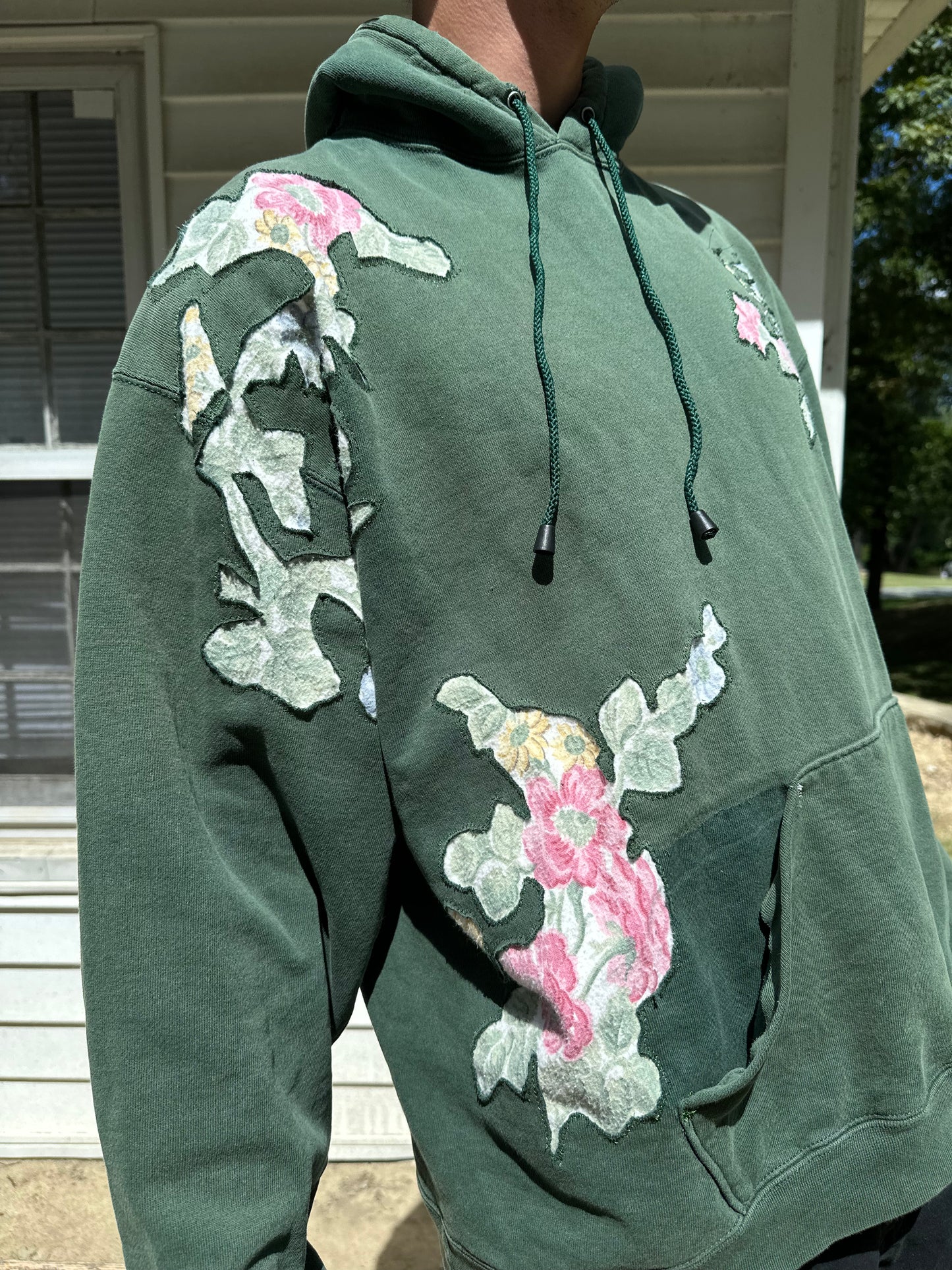1 of 1 Handmade Champion Green Distressed Floral Hoodie