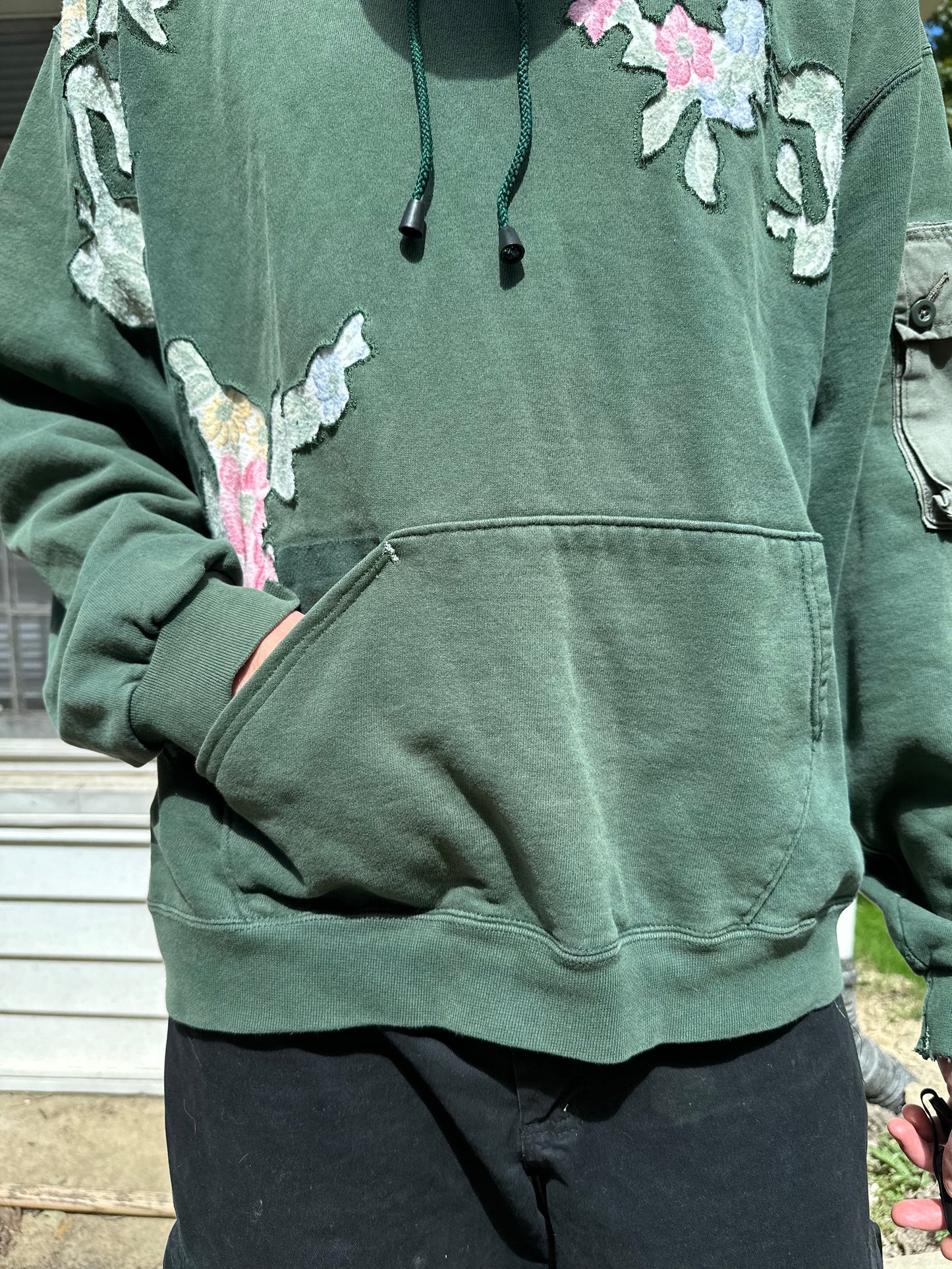 1 of 1 Handmade Champion Green Distressed Floral Hoodie